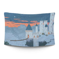 Japanese castle in ukiyo-e woodblock style with tiled rooftops and drifting cherry blossoms — LoudBorders wall tapestry.