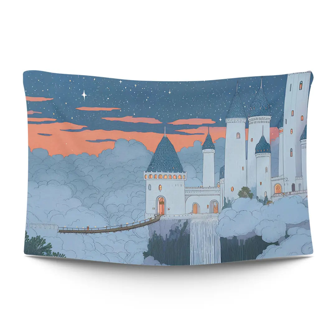 Japanese castle in ukiyo-e woodblock style with tiled rooftops and drifting cherry blossoms — LoudBorders wall tapestry.