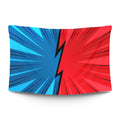 Two fighter silhouettes facing off across a glowing ‘VS’ splash with arcade neon — LoudBorders wall tapestry.