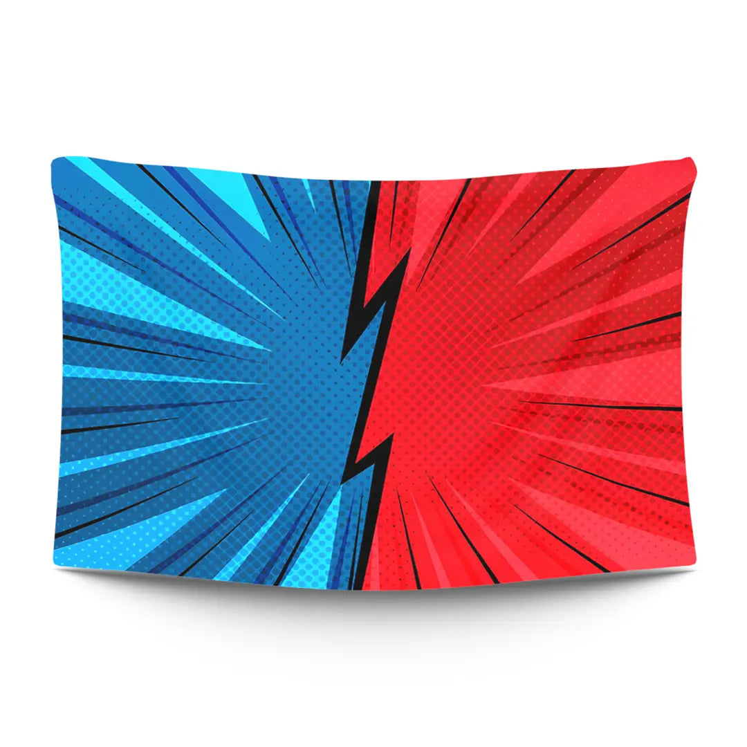 Two fighter silhouettes facing off across a glowing ‘VS’ splash with arcade neon — LoudBorders wall tapestry.
