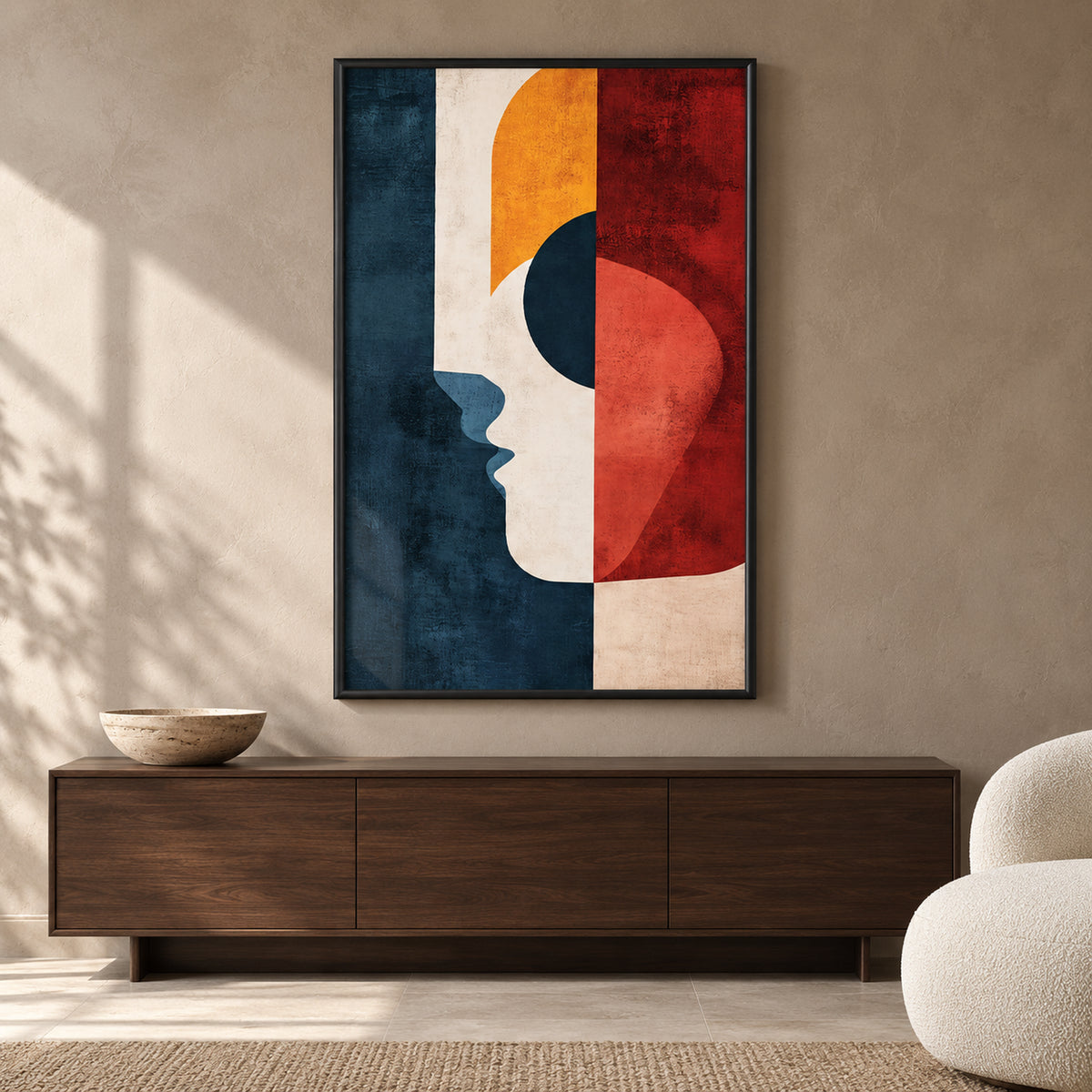 Front view of The Ember Muse, a geometric profile in navy, ivory, ochre and rust red in a slim black frame above a dark wooden sideboard.