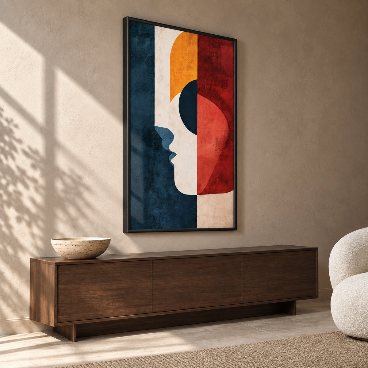 Angled view of The Ember Muse showing the complete abstract portrait and the depth of its slim black frame above a wooden sideboard.