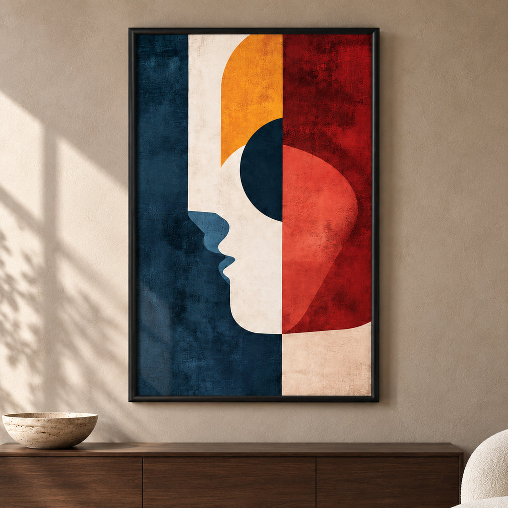 Artwork close-up of The Ember Muse, showing the ivory profile, navy semicircle, ochre and terracotta shapes, and mottled textures within all four black frame edges.