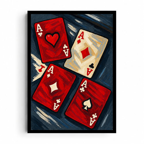 Ace Society artwork showing red and cream ace-marked playing cards with bold suit symbols and expressive brushstrokes on navy.