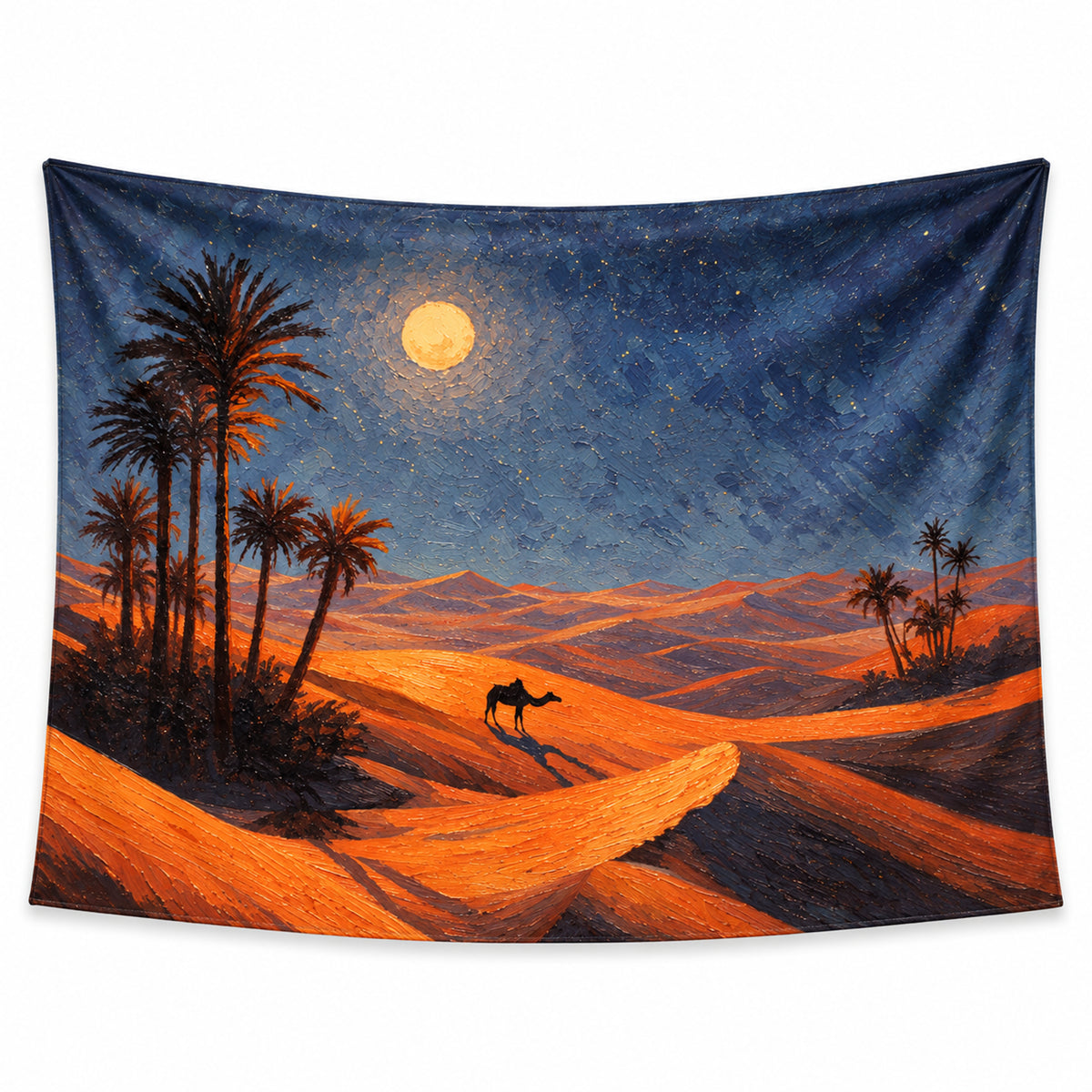 Amber Dunes wall tapestry with orange desert dunes, dark palm trees and a lone camel beneath a golden moon in a deep blue sky.
