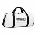 Custom all-over print duffle bag with black straps and steel hardware