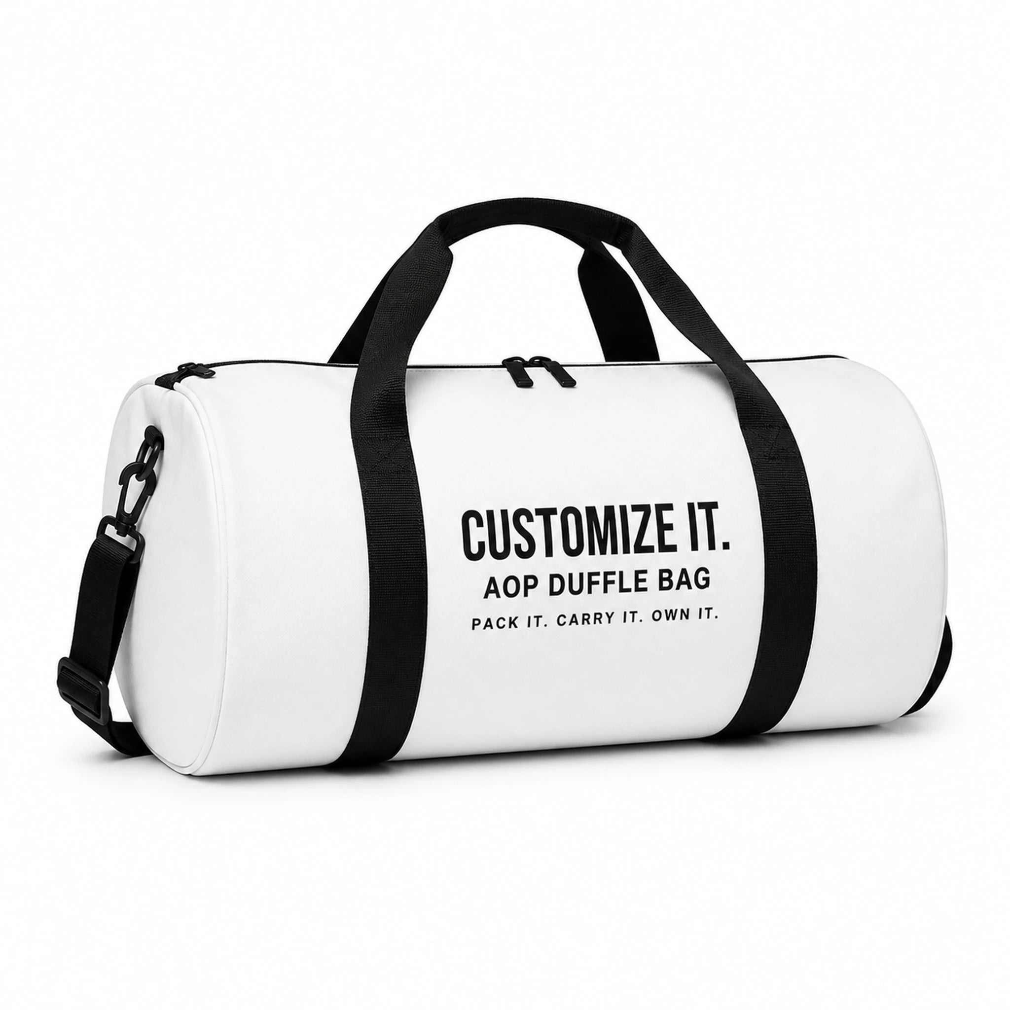 Custom all-over print duffle bag with black straps and steel hardware