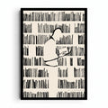 Between the Lines artwork showing a reader holding an open book amid rows of black-lined bookshelves on cream.