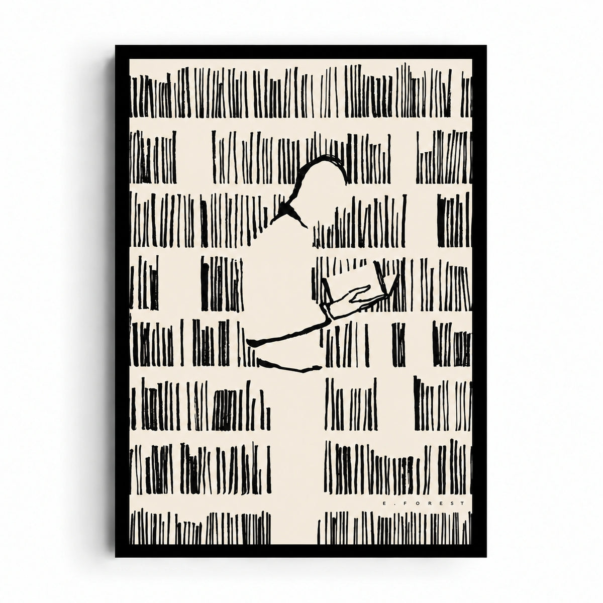Between the Lines artwork showing a reader holding an open book amid rows of black-lined bookshelves on cream.