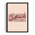 Beyond Limits artwork with burgundy لا مستحيل calligraphy over muted rose NOTHING IS IMPOSSIBLE lettering on blush.