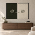 Front view of Bismillah Harmony: two black and ivory Arabic calligraphy artworks in thin black frames above a walnut sideboard.