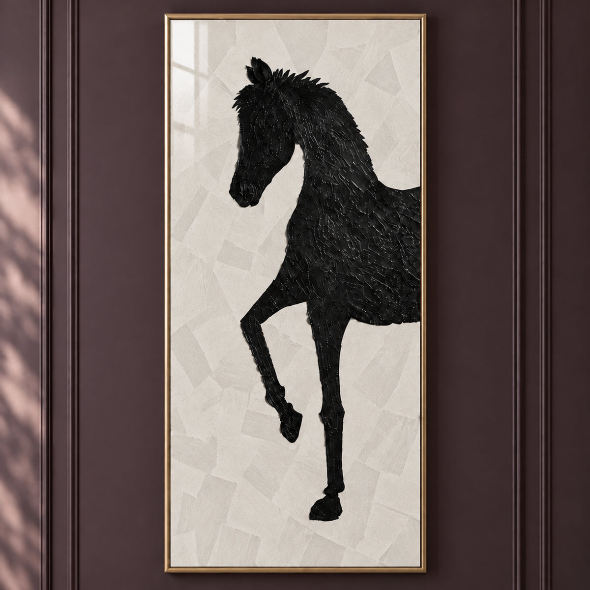 Artwork close-up of The Obsidian Stallion: a black horse with one raised foreleg against layered ivory and soft-grey shapes.