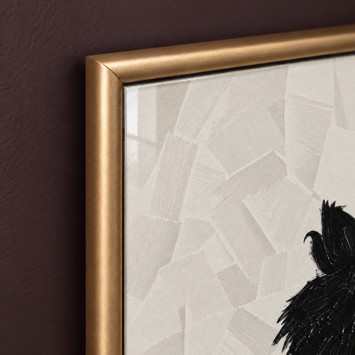 Top-left frame detail of The Obsidian Stallion, showing its rounded gold-toned profile, mitred corner and pale artwork.
