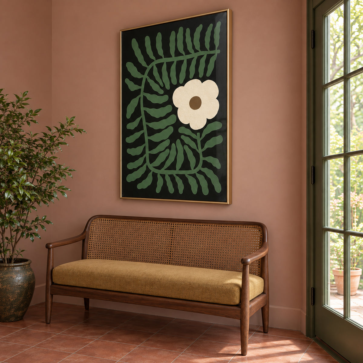 Angled view of Fern & Ivory showing the gold frame's depth and the full green-and-ivory botanical composition.