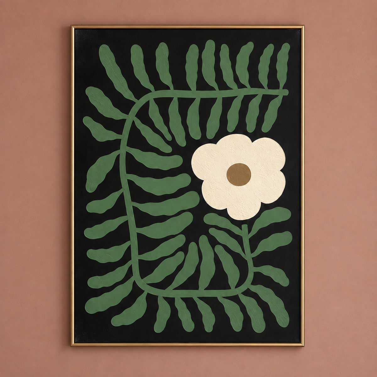 Artwork close-up of Fern & Ivory showing curling green fronds, rounded ivory petals and a brown flower centre against black.
