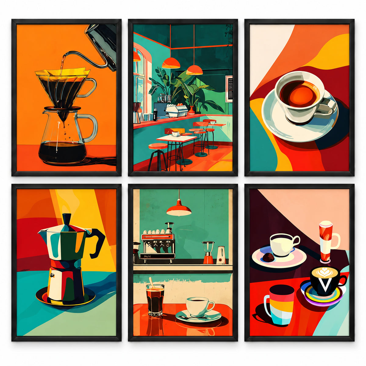Café Culture six-piece coffee poster set in black frames, arranged in two rows of three with colourful café scenes, cups, pour-over coffee and a moka pot.