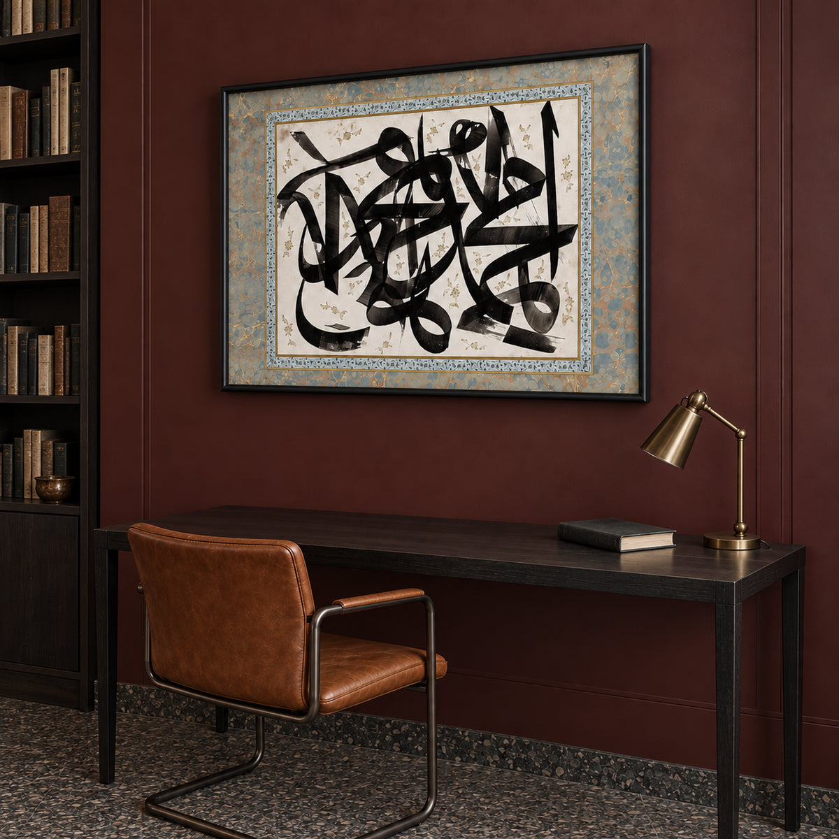 Angled view of Ink & Ivory showing the landscape calligraphy composition and slim black frame depth in a burgundy-walled study.
