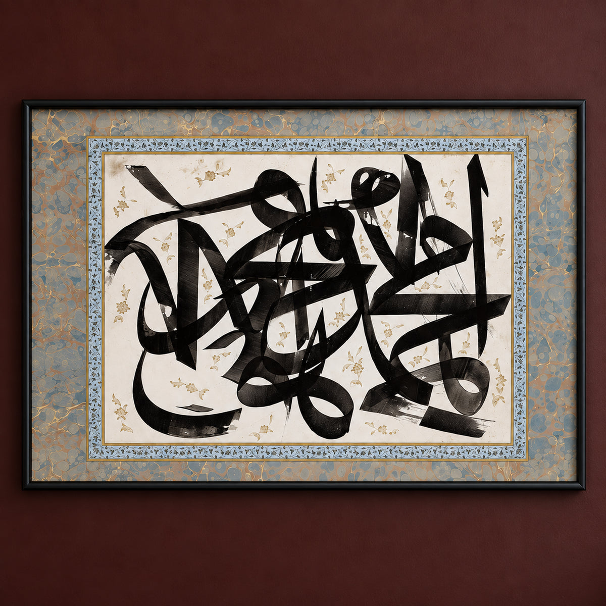 Close-up of Ink & Ivory with interlaced black Arabic letterforms, small floral motifs, and a blue-grey ornamental border within all four black frame edges.