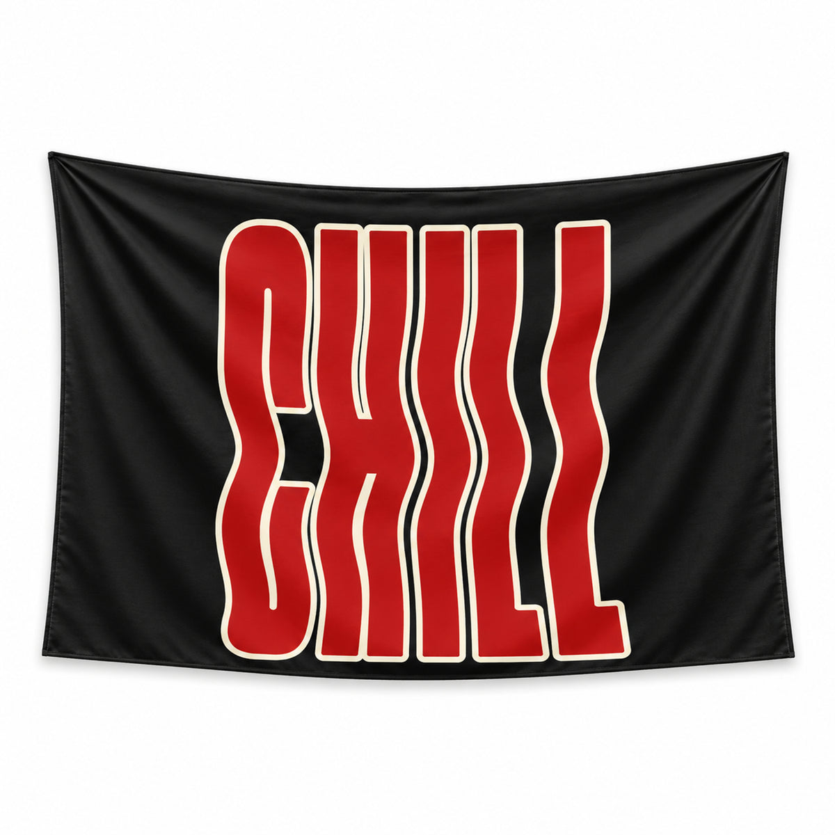 Black Chill Wave wall tapestry with tall, wavy red CHILL lettering outlined in cream.