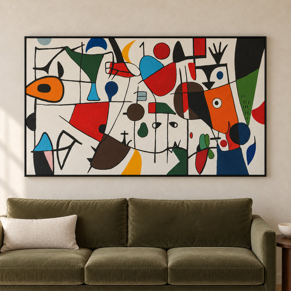 Close frontal view of Chromatic Play with bold black lines and colourful geometric shapes on cream, showing all four thin black frame edges.