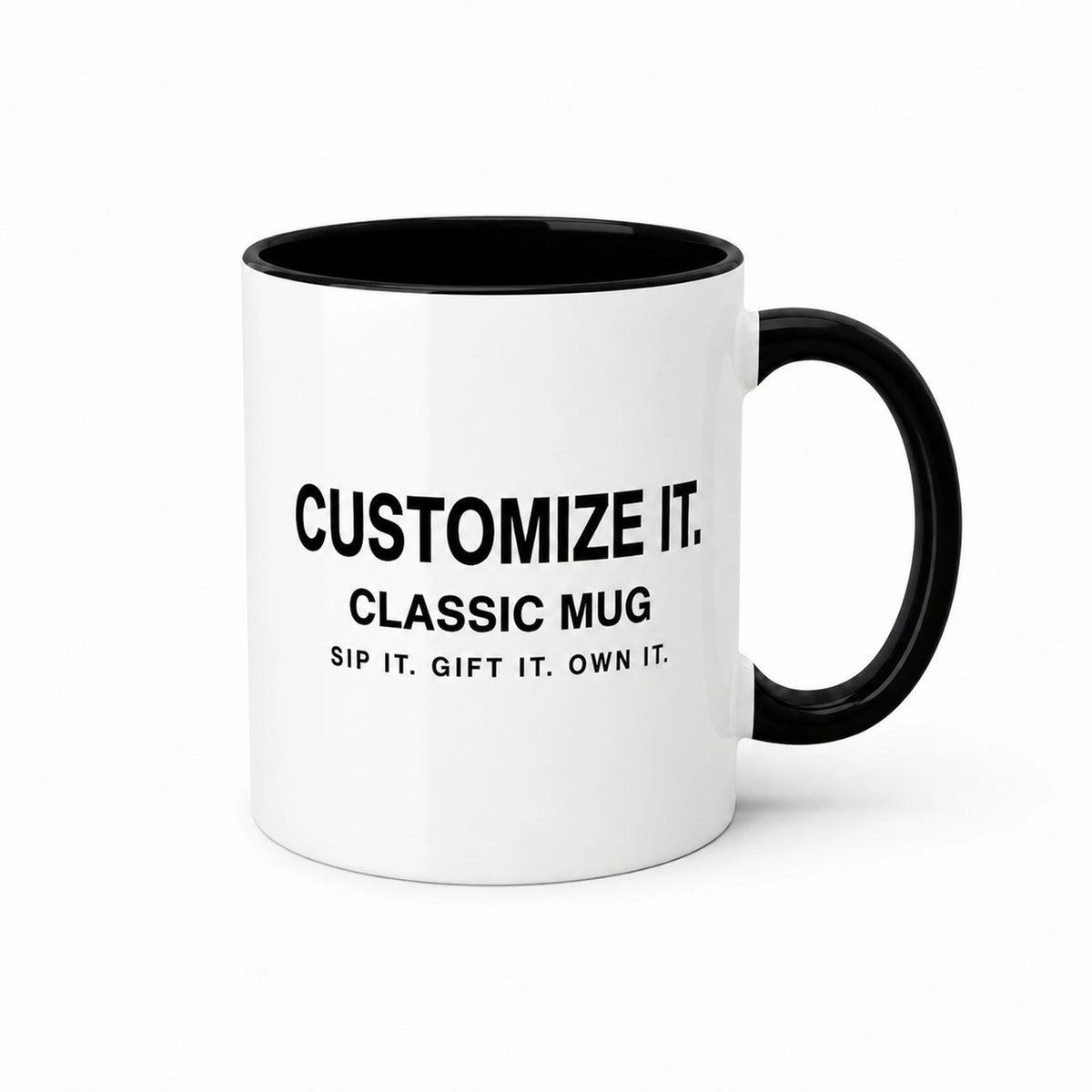 Custom printed classic ceramic mug with black rim and handle