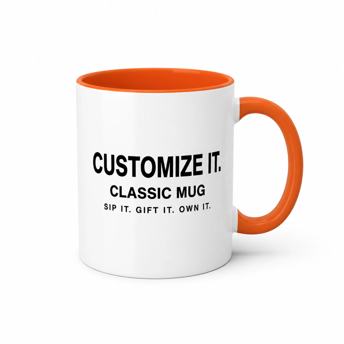 Custom printed classic ceramic mug with orange rim and handle