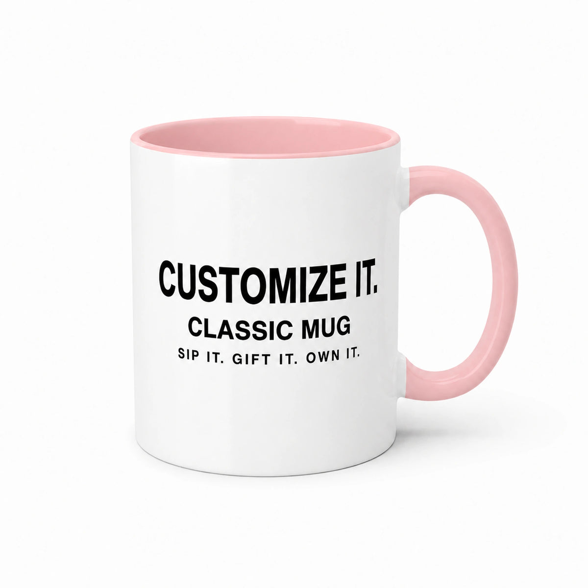 Custom printed classic ceramic mug with pink rim and handle