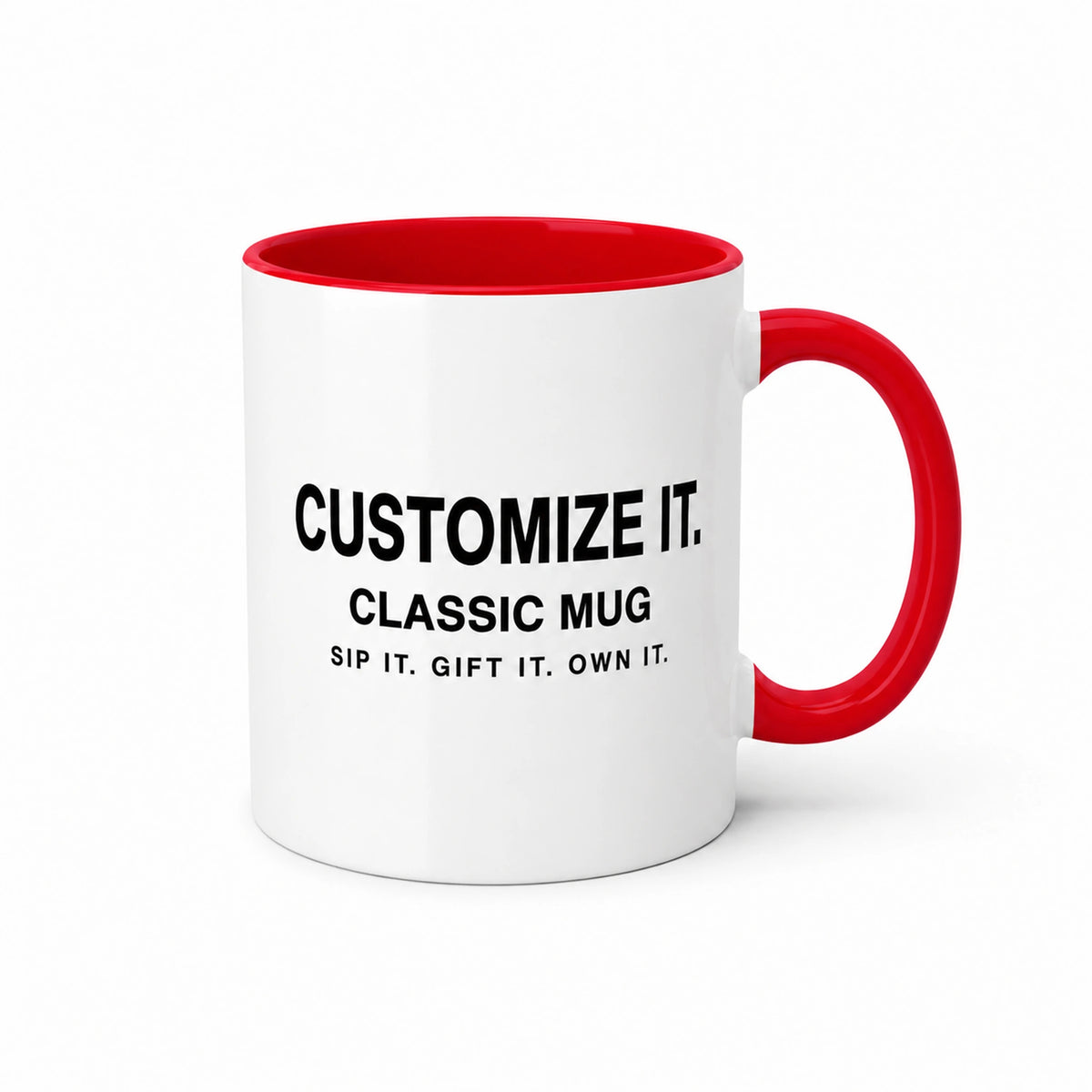 Custom printed classic ceramic mug with red rim and handle