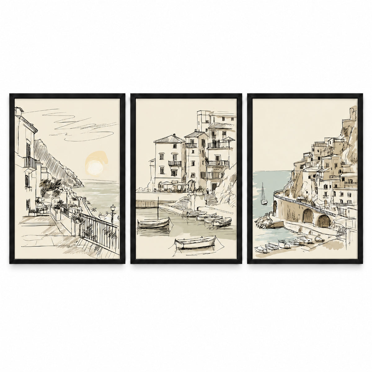 Coastal Sketch set of three black-framed coastal illustrations showing a seaside terrace, village harbour with boats and cliffside buildings on ivory backgrounds.