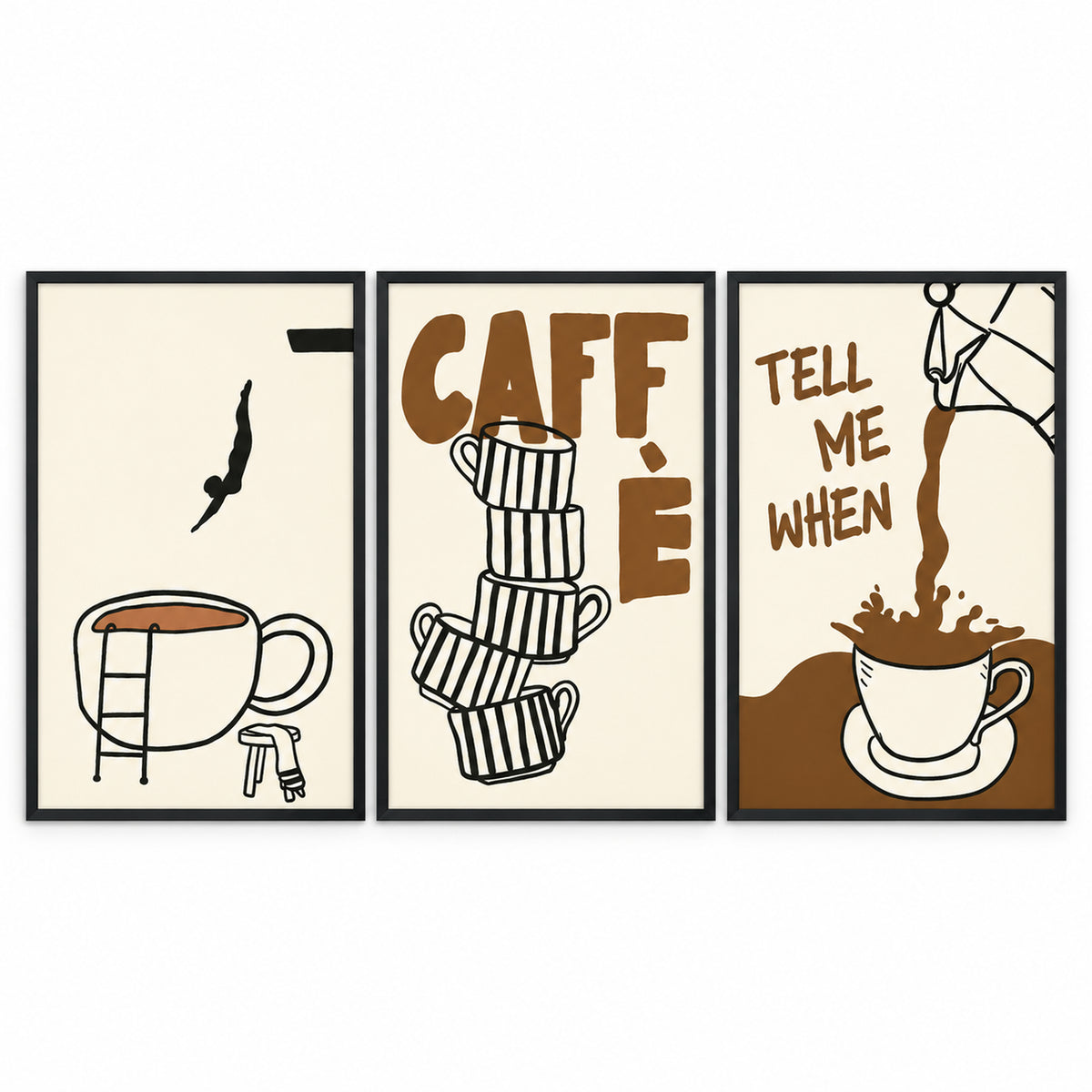 Coffee Break set of three coffee-themed prints in black frames: a diver above a coffee cup, stacked striped mugs and a Tell Me When pouring scene.