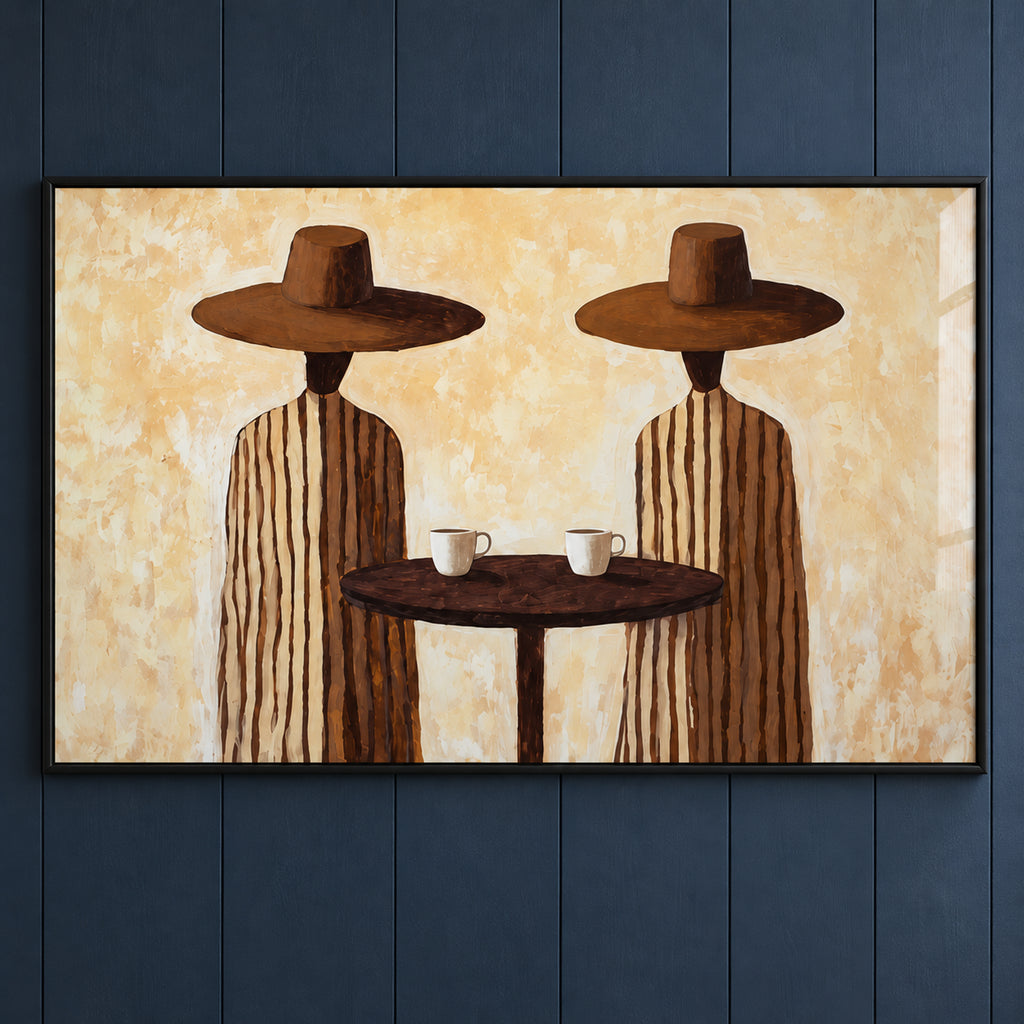 Artwork close-up of Coffee for Two, showing two figures in striped garments and broad hats at a round table with two white cups on an ivory background.