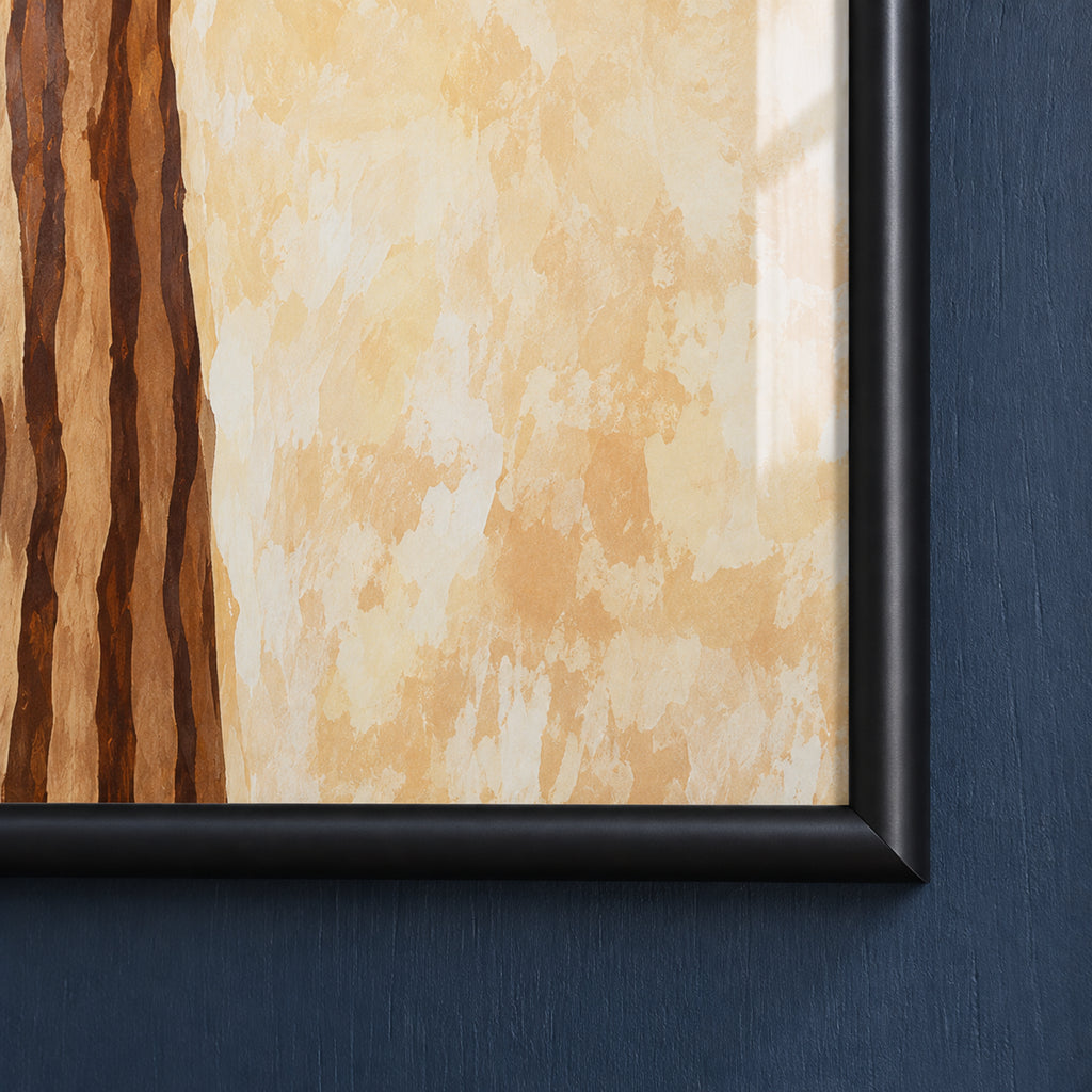 Frame detail of Coffee for Two, showing the rounded black profile and mitred corner beside the artwork’s brown stripes and mottled ivory background.