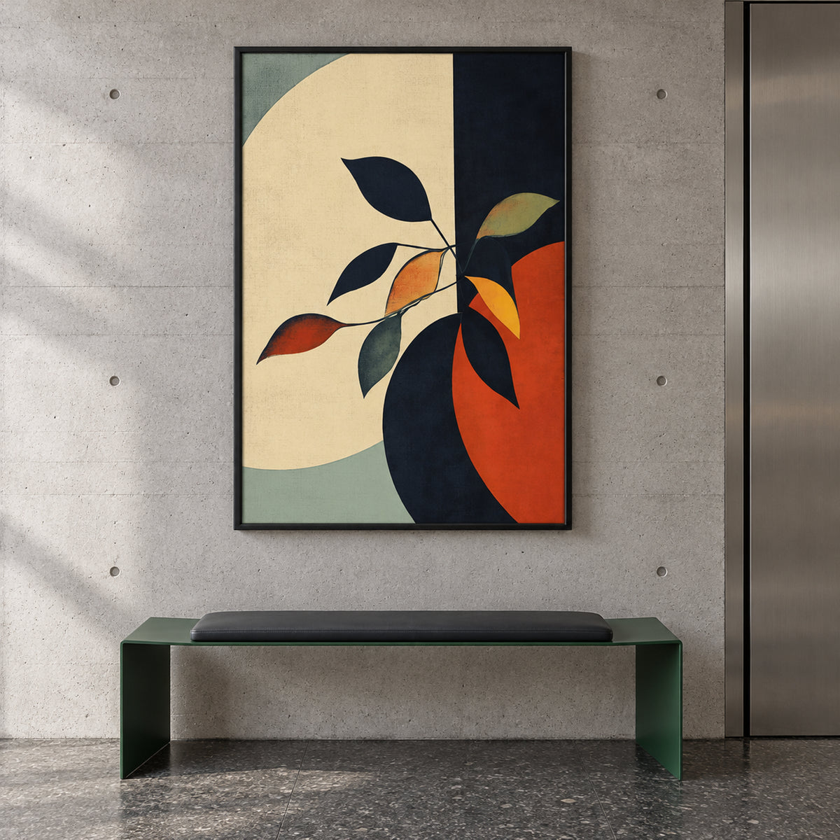 Front view of Ember & Sage black-framed botanical wall art, with stylised leaves and ivory, sage and burnt orange shapes above a green bench.