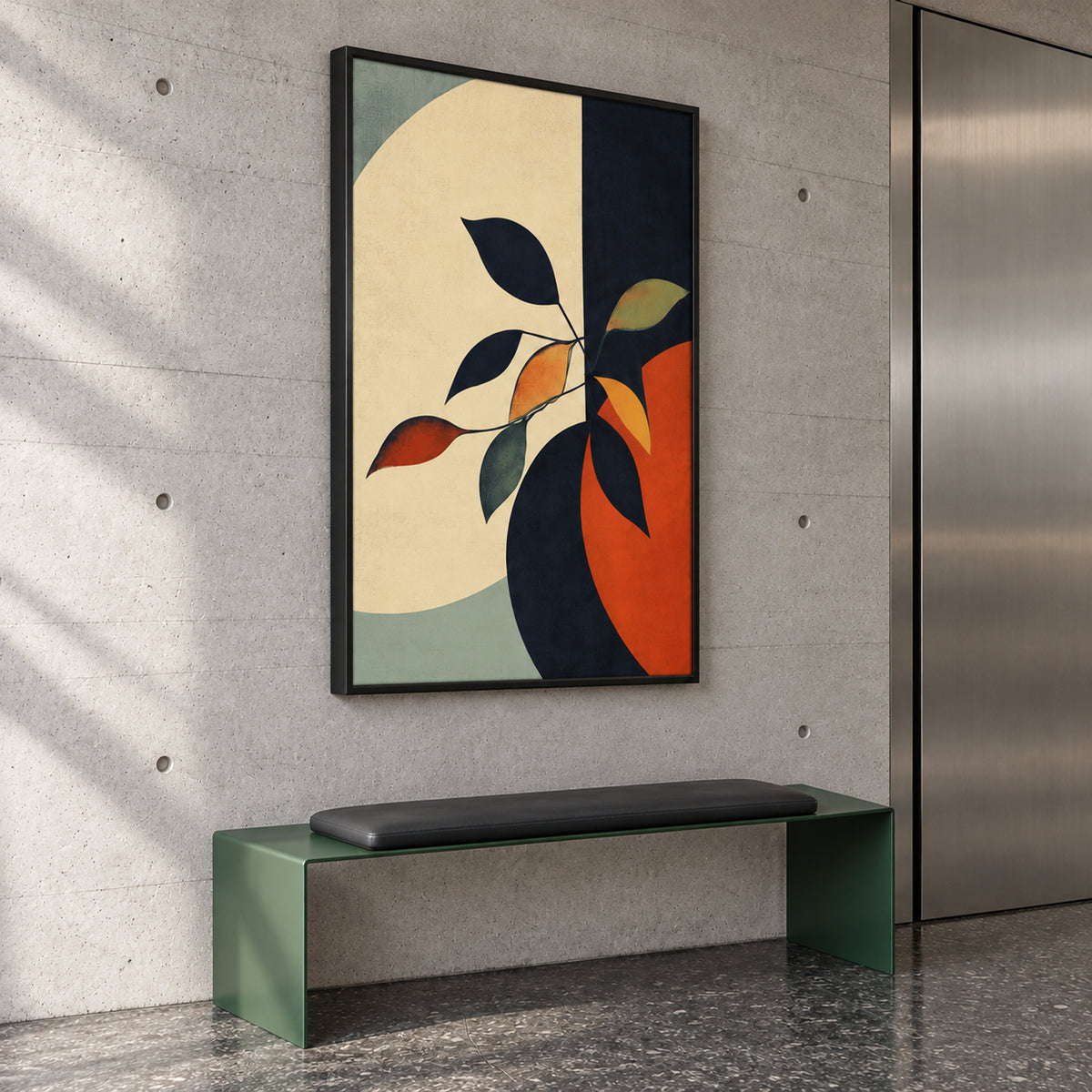 Angled view of Ember & Sage portrait botanical wall art in a slim black frame, displayed above a green bench on a concrete wall.