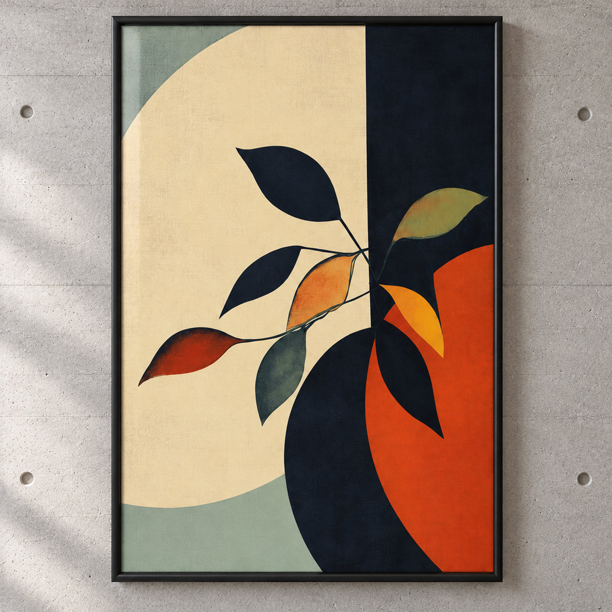 Artwork close-up of Ember & Sage, showing a leafy branch over curved blocks of warm ivory, sage green, burnt orange and deep ink blue.