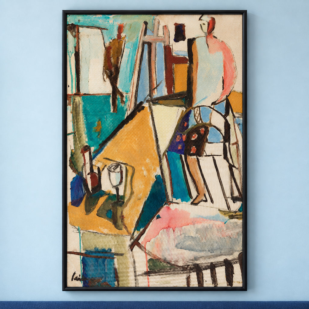 Close-up of Studio Reverie with a figure, easel, paint palette and tabletop still life in turquoise, ochre, coral and cream, within all four black frame edges.
