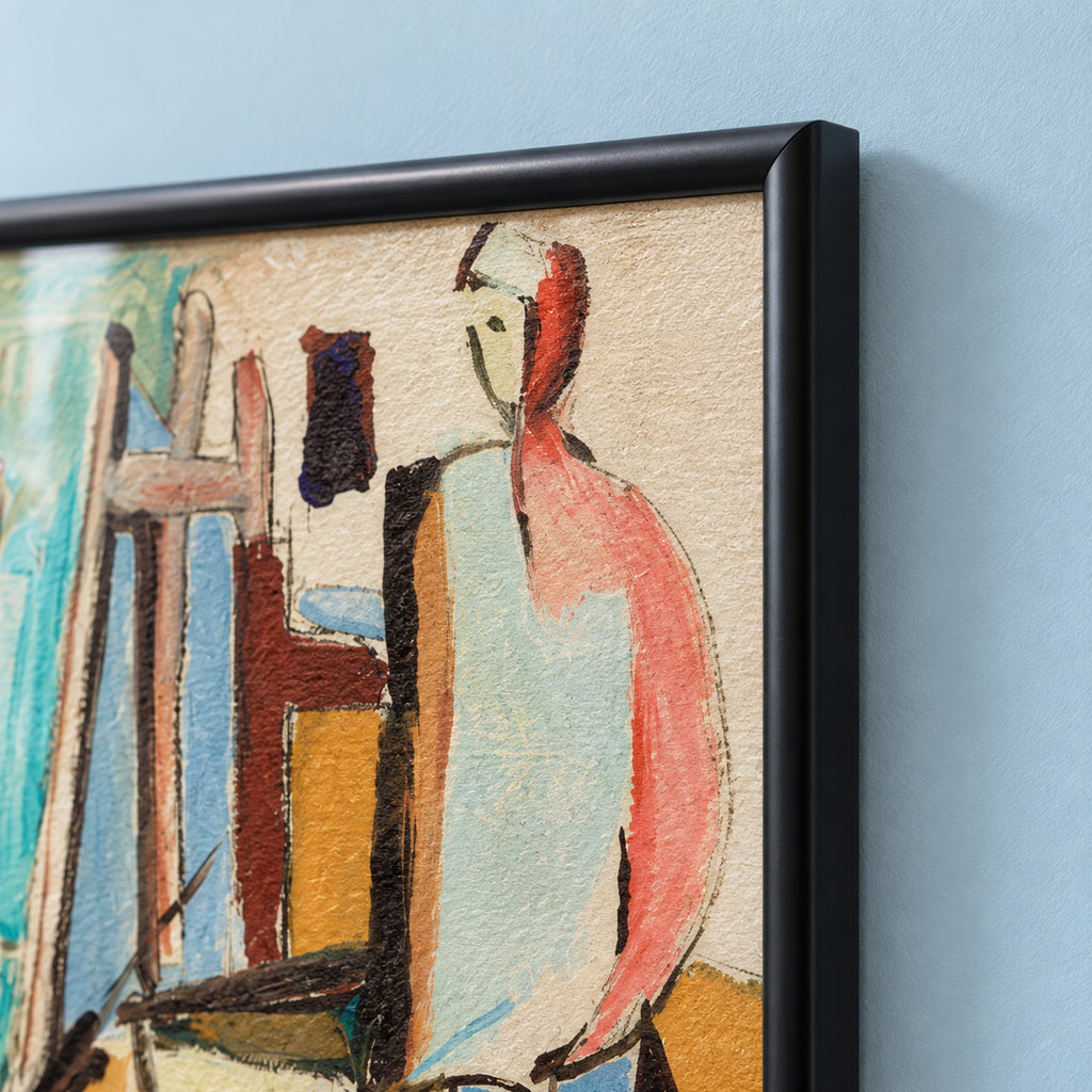 Top-right frame detail of Studio Reverie, showing the mitred corner, rounded satin-black profile and adjacent coral-and-cream figure.