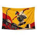 Concrete Flight wall tapestry with a geometric skateboarder above a graffiti ramp against a mustard-yellow sky.