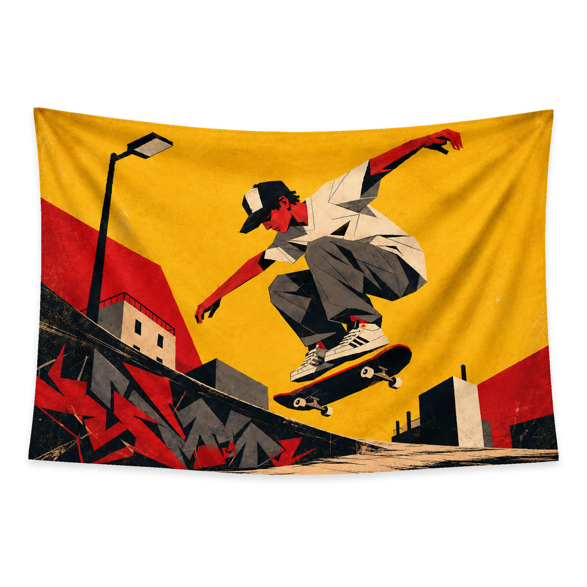 Concrete Flight wall tapestry with a geometric skateboarder above a graffiti ramp against a mustard-yellow sky.