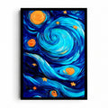 Cosmic Current artwork showing swirling turquoise and cobalt-blue brushstrokes around gold stars and orange orbs on a deep blue background.