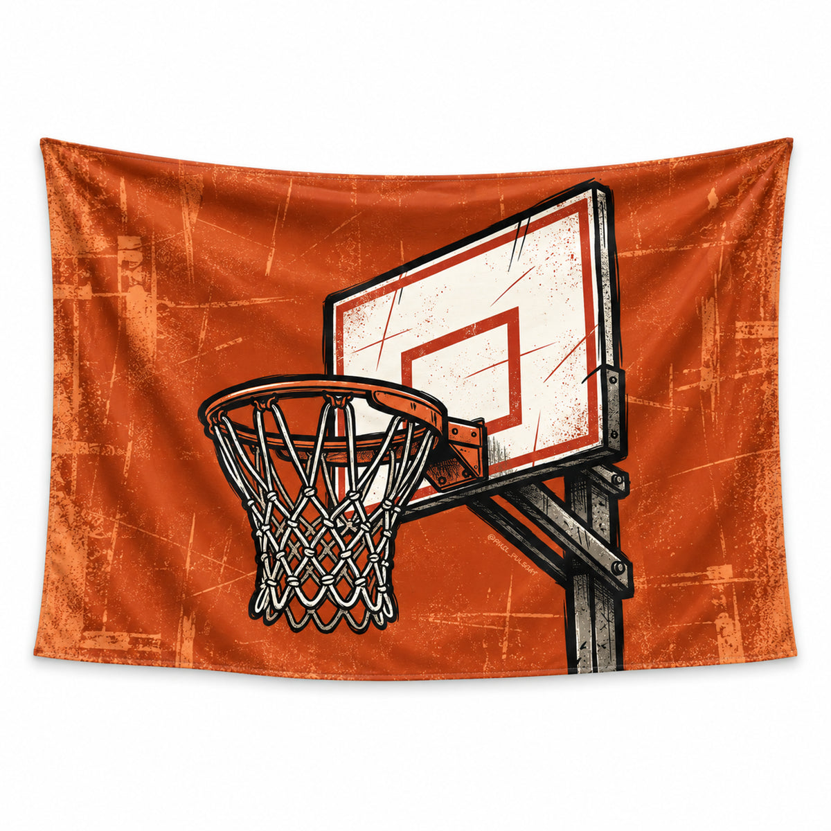 Court Classic wall tapestry showing a basketball hoop, net and weathered white backboard against burnt orange.