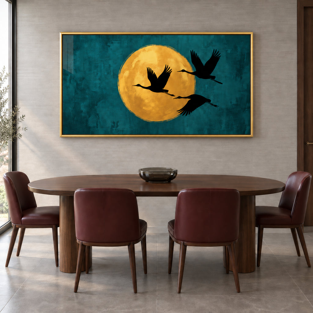 Front view of Gilded Flight gold-framed wall art, showing three black cranes and a golden moon on deep teal above a dining table.