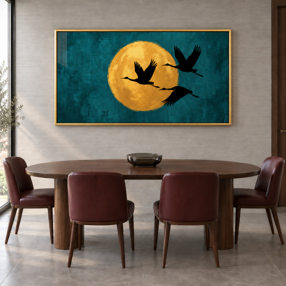 Front view of Gilded Flight gold-framed wall art, showing three black cranes and a golden moon on deep teal above a dining table.