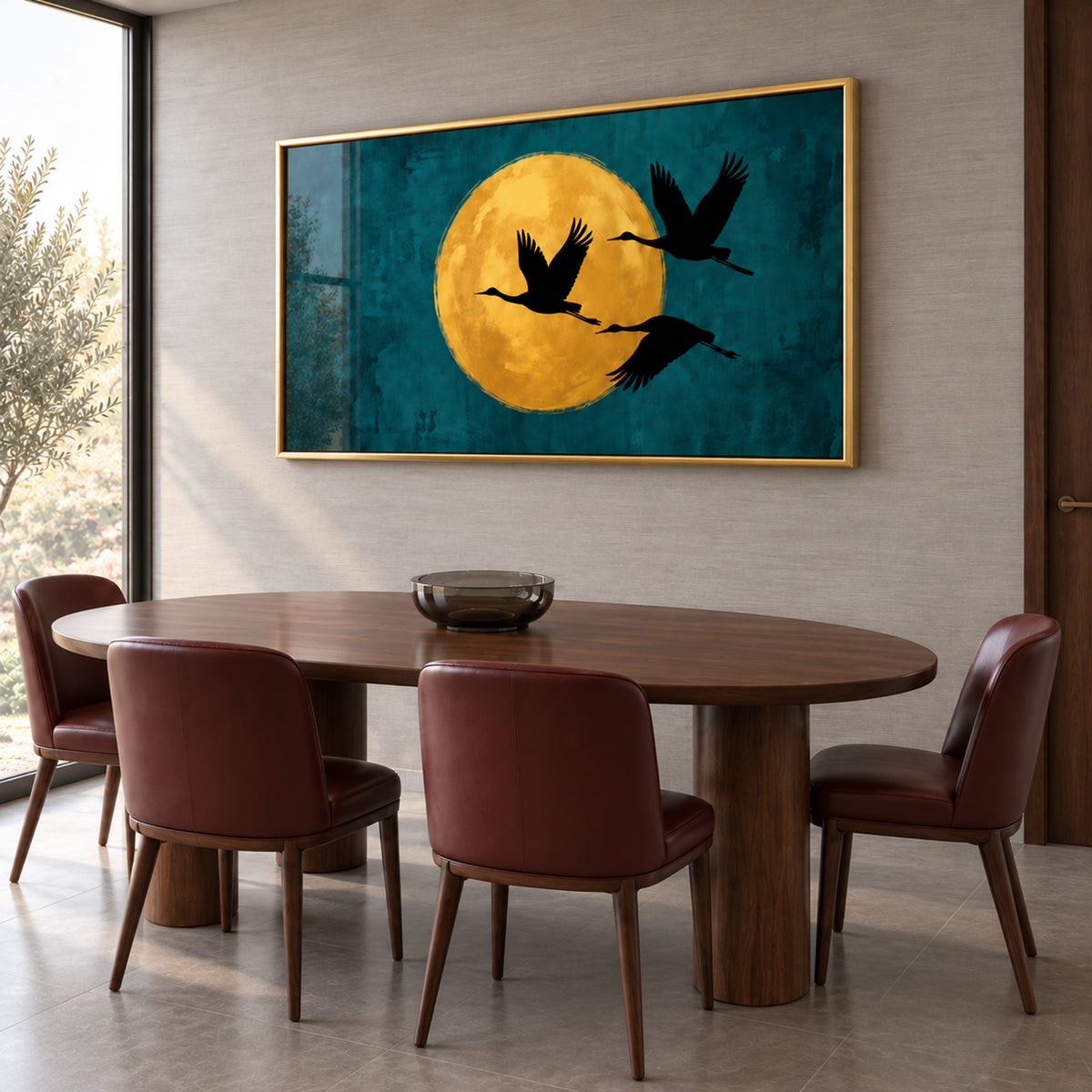Angled view of Gilded Flight landscape wall art in a slim gold-toned frame, displayed above a wooden dining table.
