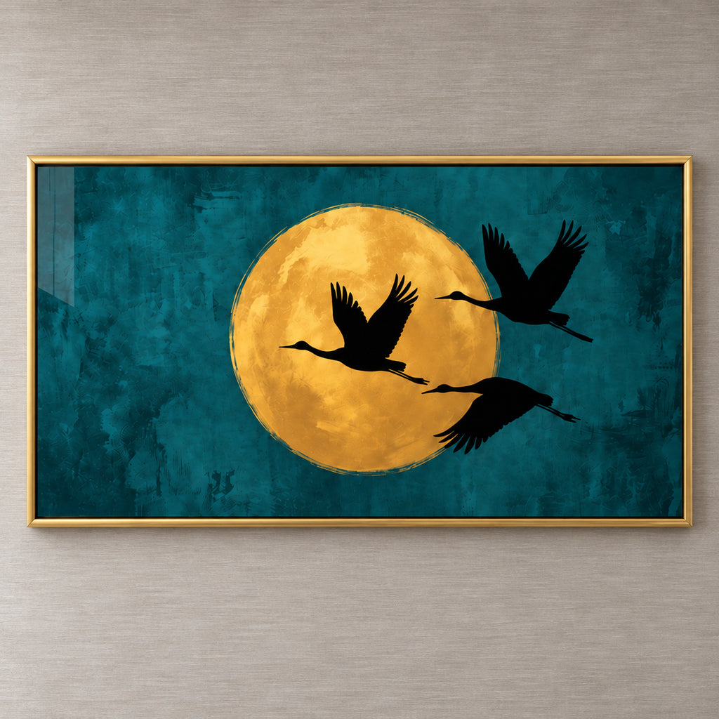 Artwork close-up of Gilded Flight, with three black crane silhouettes crossing a golden moon against a painterly deep teal background.