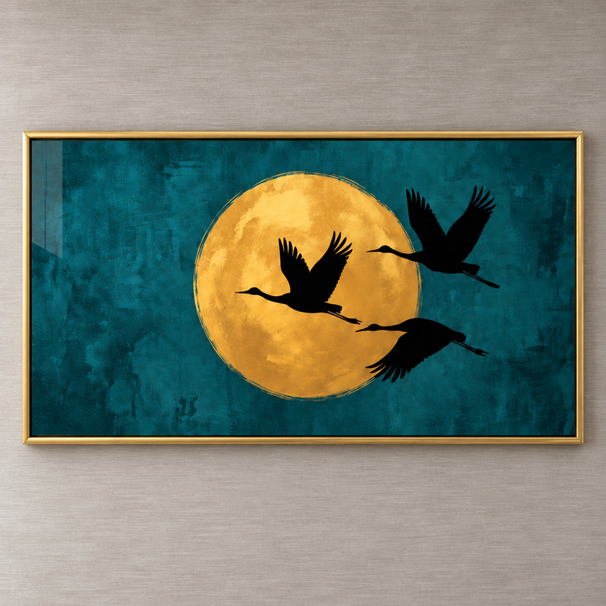 Artwork close-up of Gilded Flight, with three black crane silhouettes crossing a golden moon against a painterly deep teal background.