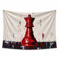 Crimson Queen wall tapestry with a large red chess queen, black shadows and expressive brush marks on a warm ivory background.