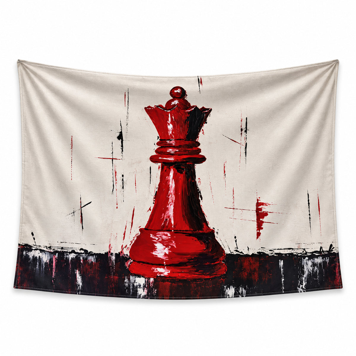 Crimson Queen wall tapestry with a large red chess queen, black shadows and expressive brush marks on a warm ivory background.