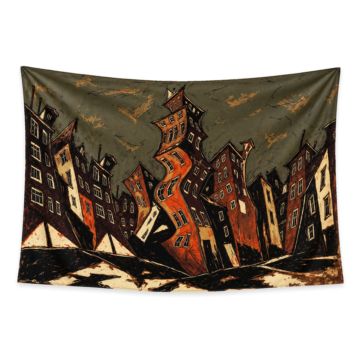Crooked Quarter wall tapestry with twisting rust-red and ochre townhouses, jagged black streets and a dark olive sky.