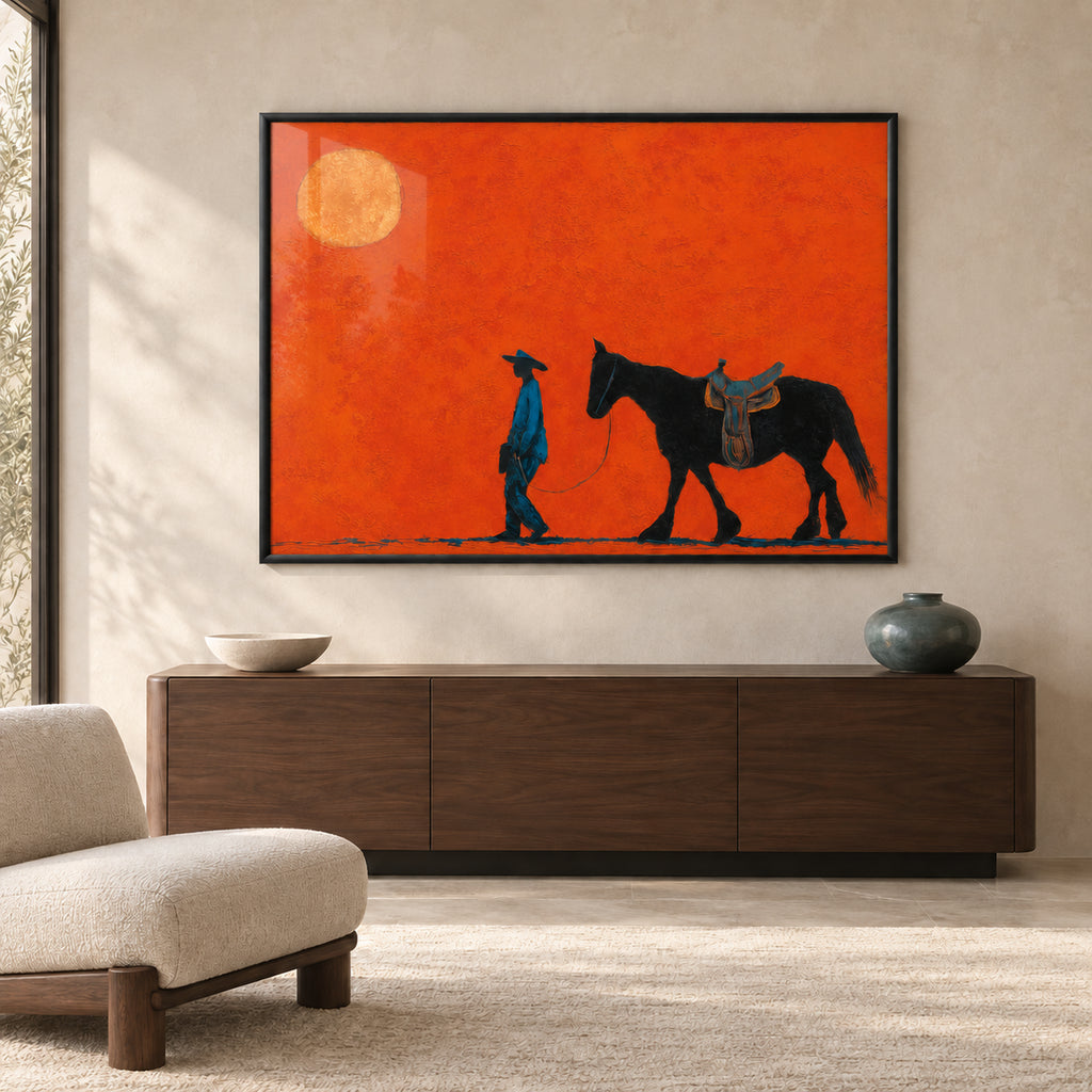 Front view of Ember Trail, a cowboy and horse print behind glass in a slim black wooden frame above a walnut console.